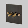 Two Gang 2-Way Light Switch in Smoked Bronze & Brass with Knurled Toggles