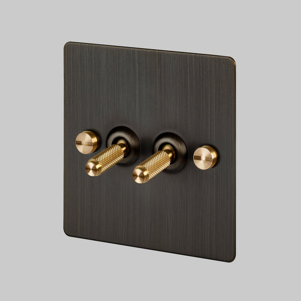 Two Gang 2-Way Light Switch in Smoked Bronze & Brass with Knurled Toggles