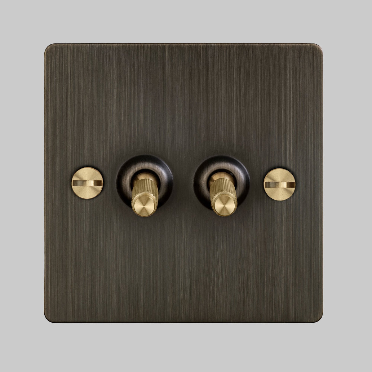 Two Gang 2-Way Light Switch in Smoked Bronze & Brass with Knurled Toggles