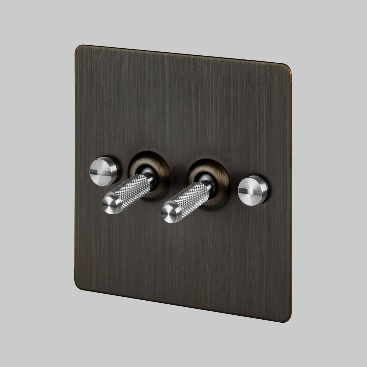 Two Gang 2-Way Light Switch in Smoked Bronze & Steel with Knurled Toggles