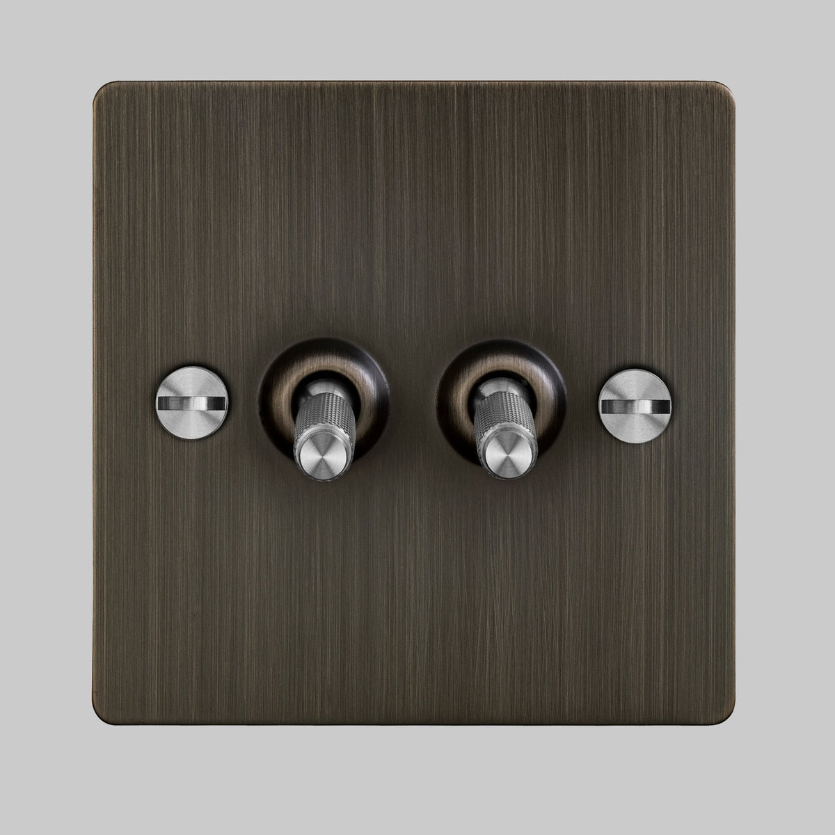 Two Gang 2-Way Light Switch in Smoked Bronze & Steel with Knurled Toggles