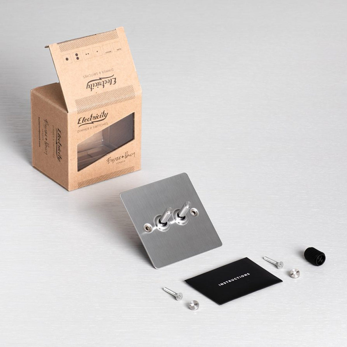 Two Gang 2-Way Light Switch in Steel & Brass with Knurled Toggles