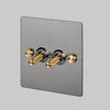 Two Gang 2-Way Light Switch in Steel & Brass with Knurled Toggles