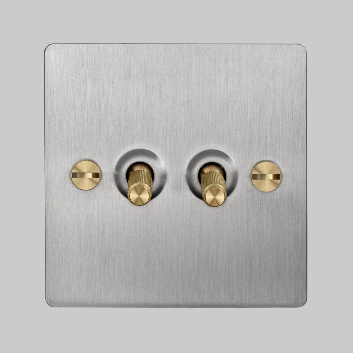 Two Gang 2-Way Light Switch in Steel & Brass with Knurled Toggles