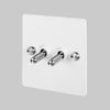 Two Gang 2-Way Light Switch in White & Steel with Knurled Toggles