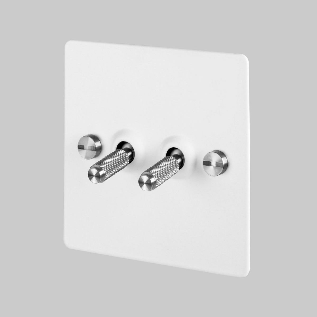 Two Gang 2-Way Light Switch in White & Steel with Knurled Toggles