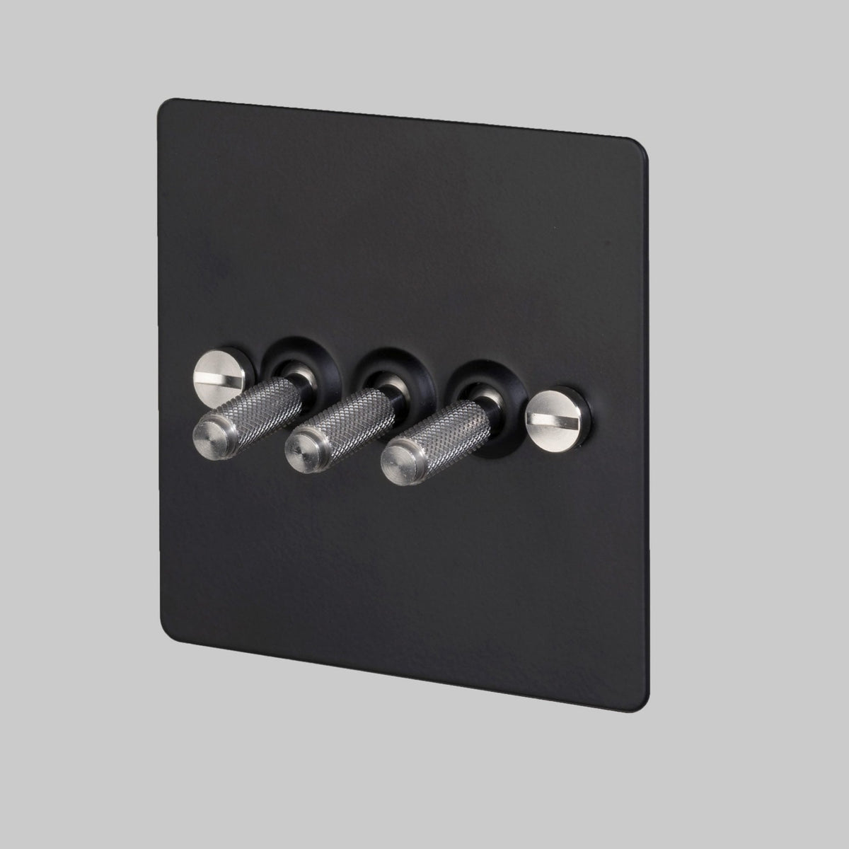 Three Gang 2-Way Light Switch in Black & Steel with Knurled Toggles
