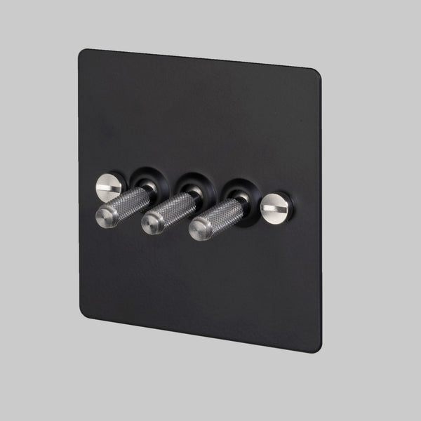 Three Gang 2-Way Light Switch in Black & Steel with Knurled Toggles