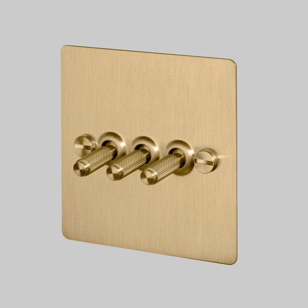 Three Gang 2-Way Light Switch in Solid Brass with Knurled Toggles
