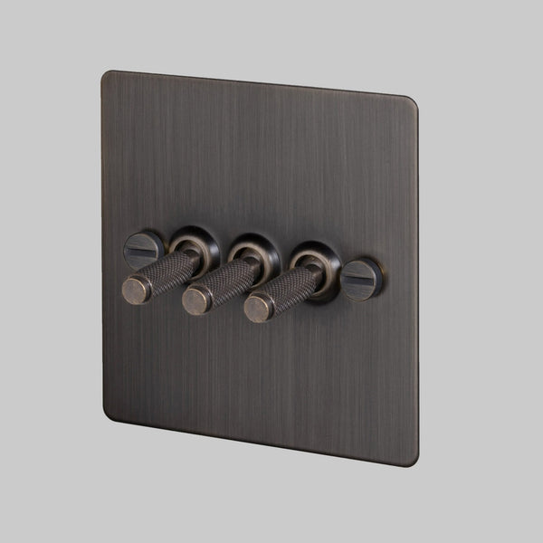Three Gang 2-Way Light Switch in Smoked Bronze with Knurled Toggles