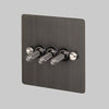 Three Gang 2-Way Light Switch in Smoked Bronze & Steel with Knurled Toggles