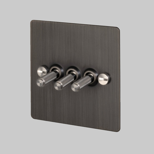 Three Gang 2-Way Light Switch in Smoked Bronze & Steel with Knurled Toggles