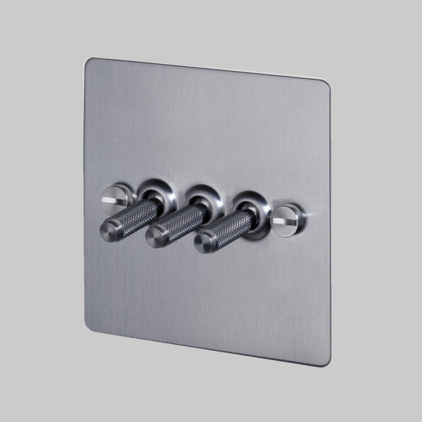 Three Gang 2-Way Light Switch in Steel with Knurled Toggles