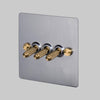 Three Gang 2-Way Light Switch in Steel & Brass with Knurled Toggles