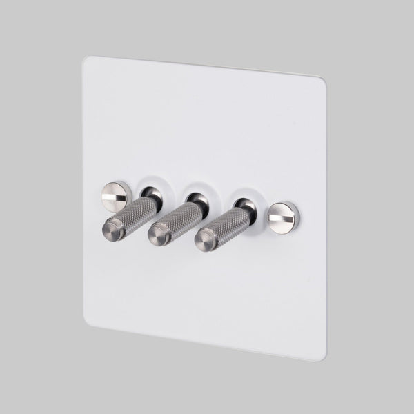 Three Gang 2-Way Light Switch in White & Steel with Knurled Toggles