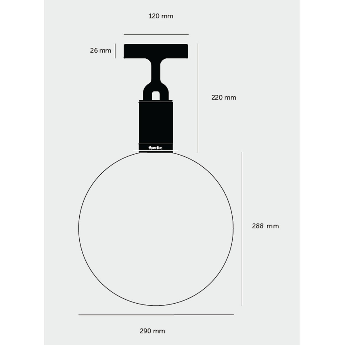 Diagram of a pendant light with a spherical shade, showing dimensions: 120mm width, 220mm height, 290mm diameter.