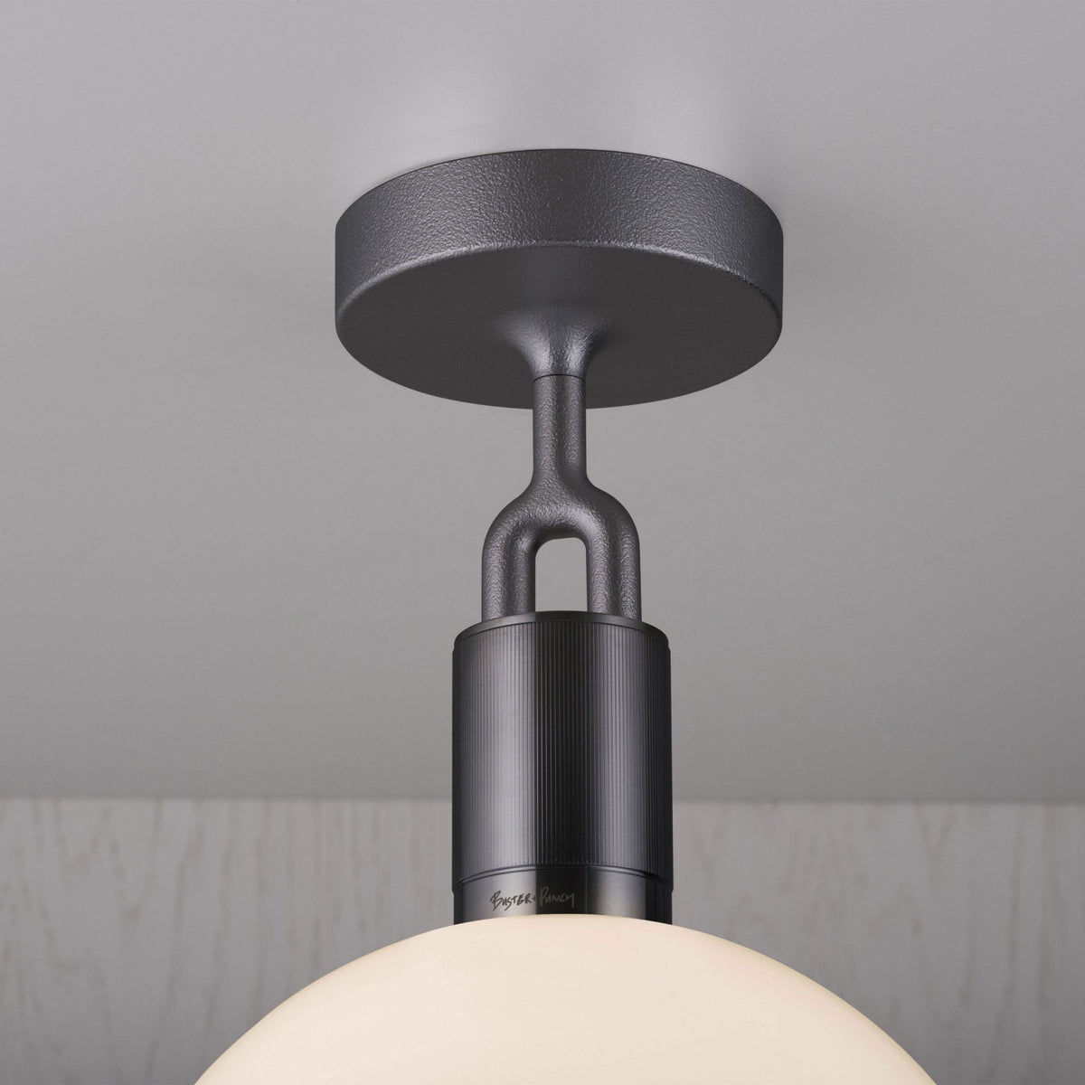 Forked Ceiling Light in a Gun Metal Finish with Medium Opal Globe