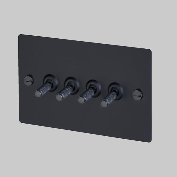 Four Gang 2-Way Light Switch in Black with Knurled Toggles