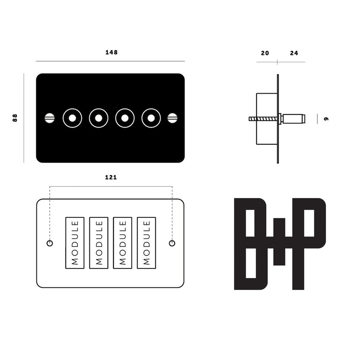 Four Gang 2-Way Light Switch in Black & Brass with Knurled Toggles