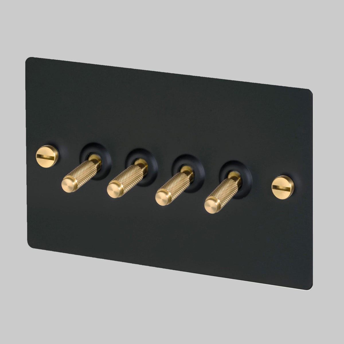 Four Gang 2-Way Light Switch in Black & Brass with Knurled Toggles