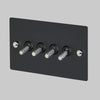 Four Gang 2-Way Light Switch in Black & Steel with Knurled Toggles