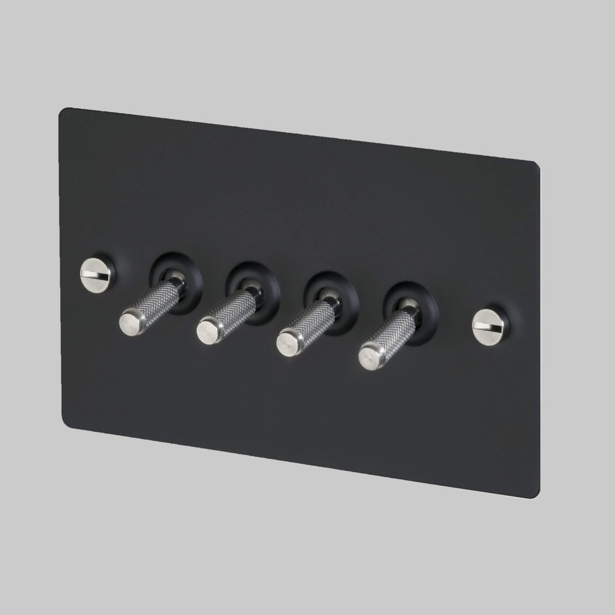 Four Gang 2-Way Light Switch in Black & Steel with Knurled Toggles