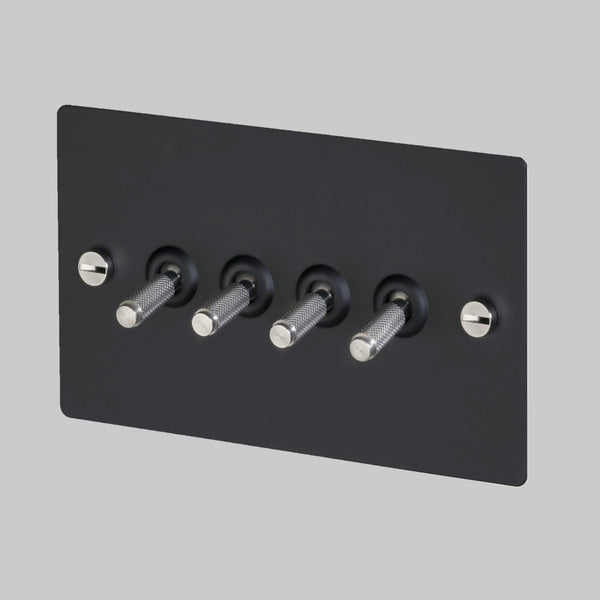 Four Gang 2-Way Light Switch in Black & Steel with Knurled Toggles