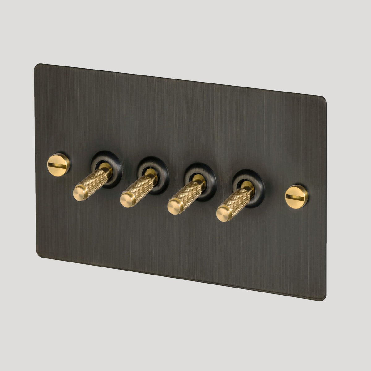 Four Gang 2-Way Light Switch in Smoked Bronze & Brass with Knurled Toggles
