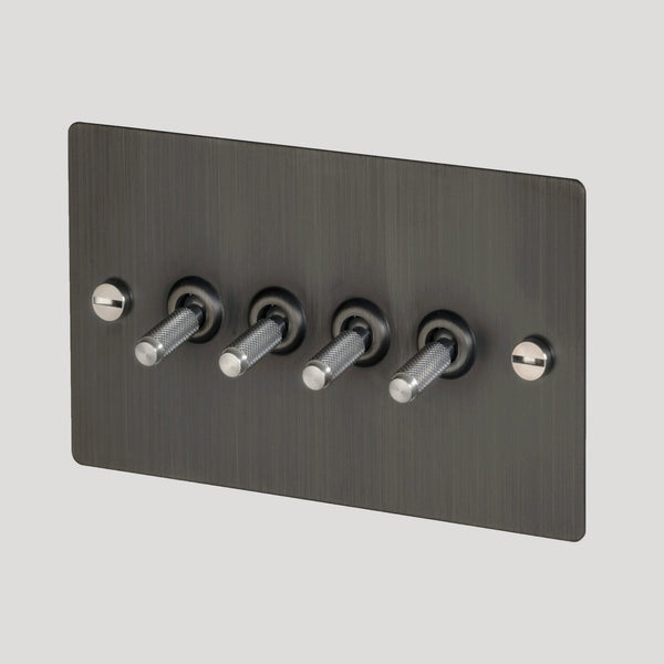 Four Gang 2-Way Light Switch in Smoked Bronze & Steel with Knurled Toggles