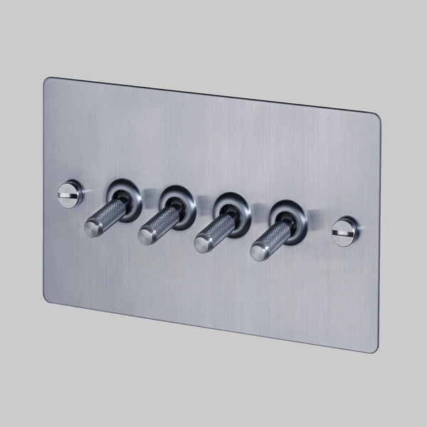Four Gang 2-Way Light Switch in Steel with Knurled Toggles