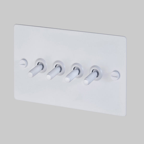 Four Gang 2-Way Light Switch in White with Knurled Toggles