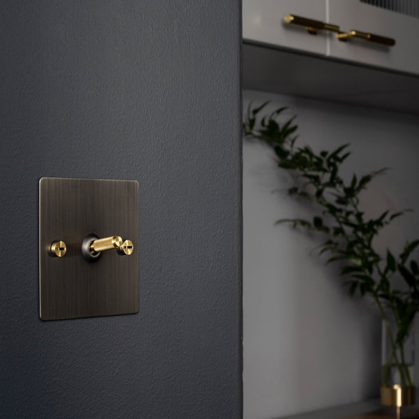 One Gang 3-Way Intermediate Light Switch in Smoked Bronze & Brass with Knurled Toggle