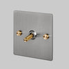 One Gang 3-Way Intermediate Light Switch in Steel & Brass with Knurled Toggle