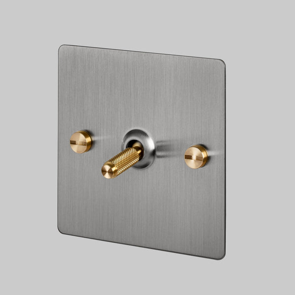One Gang 3-Way Intermediate Light Switch in Steel & Brass with Knurled Toggle
