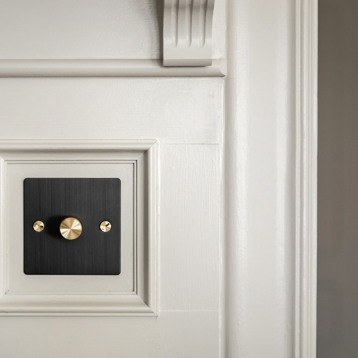 One Gang 2-Way Dimmer Light Switch in Black & Brass with Knurled Knob