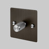 One Gang 2-Way Dimmer Light Switch in Smoked Bronze & Steel with Knurled Knob