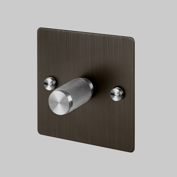 One Gang 2-Way Dimmer Light Switch in Smoked Bronze & Steel with Knurled Knob