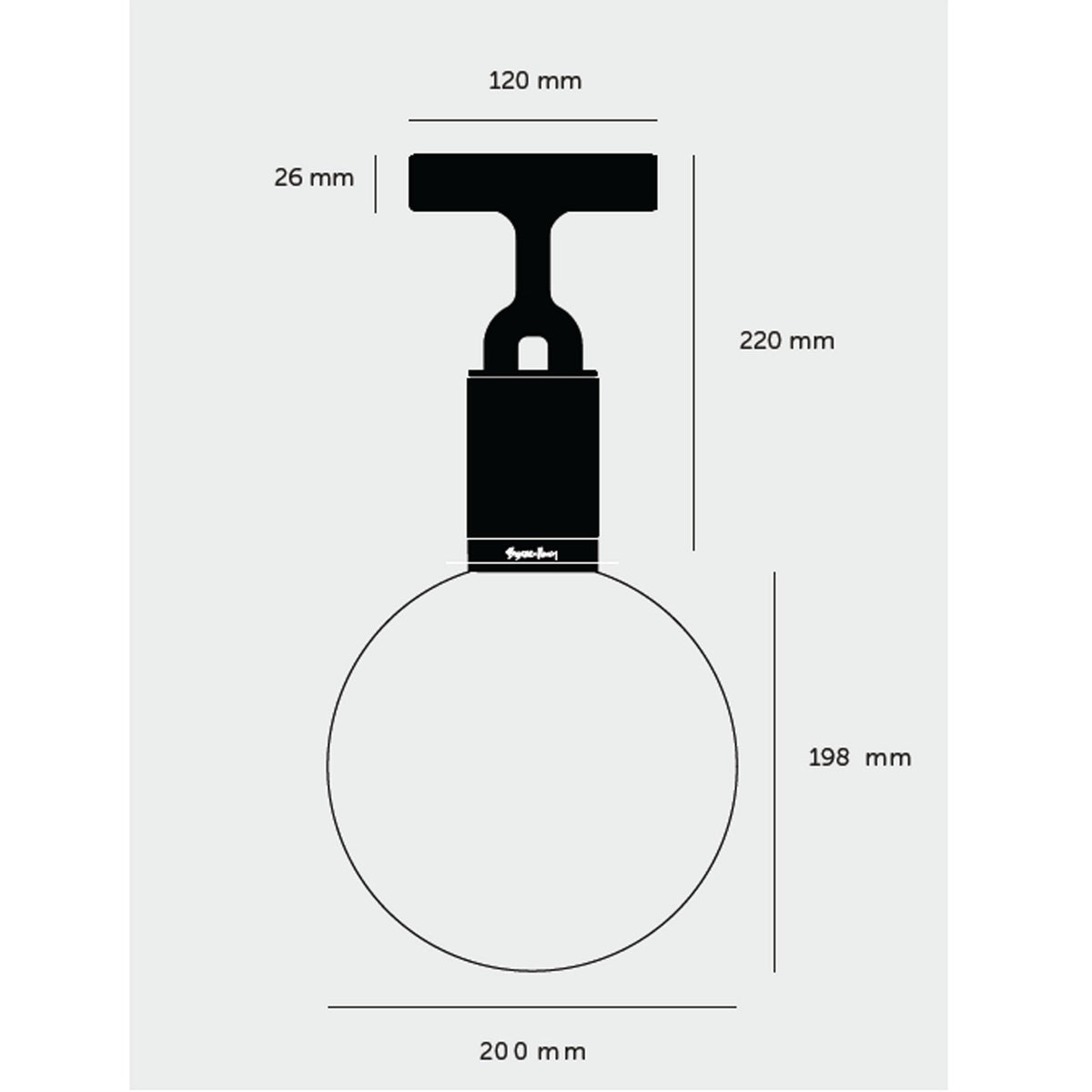 Diagram of a light fixture with a spherical bulb, showing dimensions: 120mm top width, 26mm top height, 220mm total height, 198mm bulb height, and 200mm bulb width. 