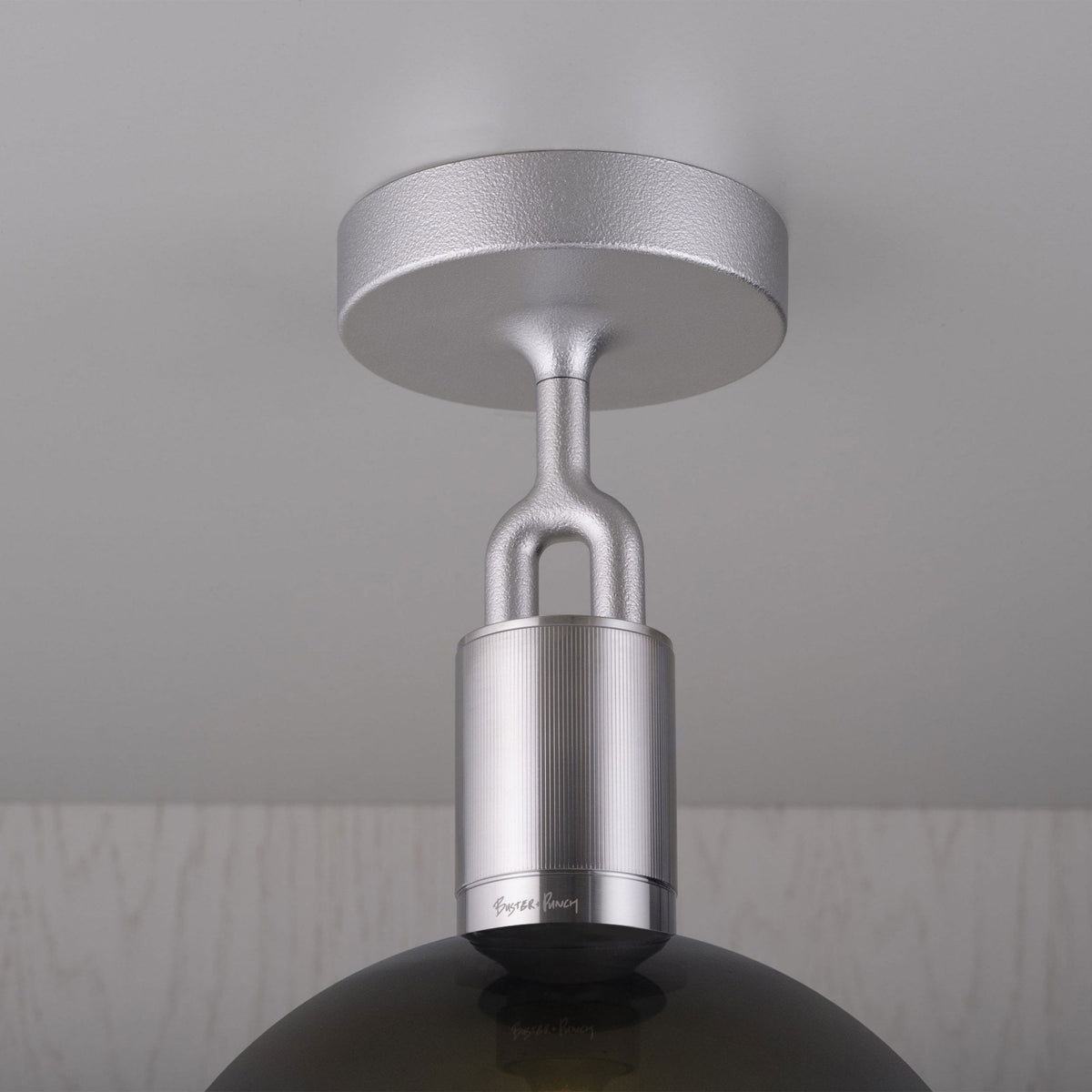 Forked Ceiling Light in a Steel Finish with Medium Smoked Globe
