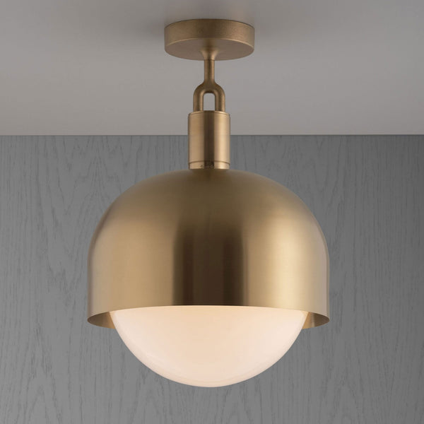 Forked Shade Ceiling Light in a Brass Finish with Large Opal Globe