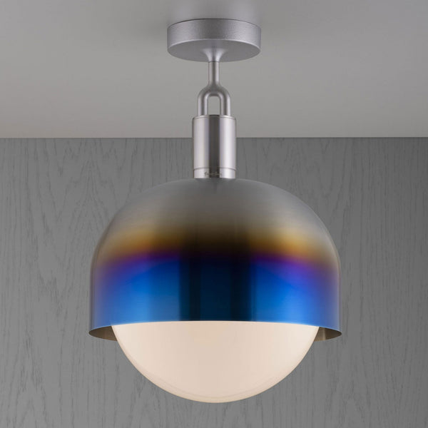 Forked Shade Ceiling Light in a Burnt Steel Finish with Large Opal Globe
