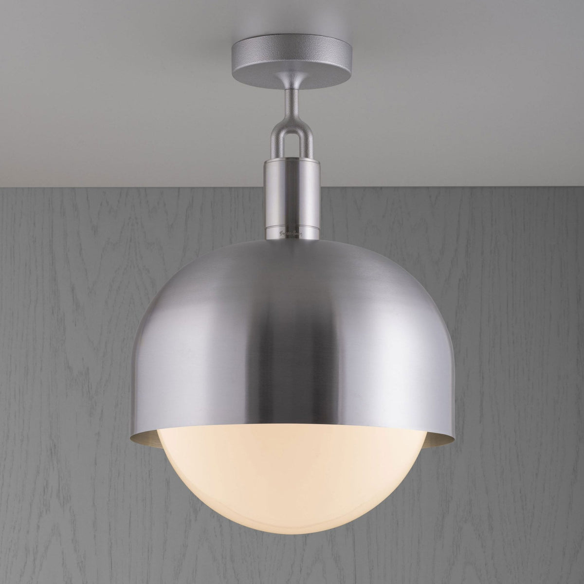 Forked Shade Ceiling Light in a Steel Finish with Large Opal Globe