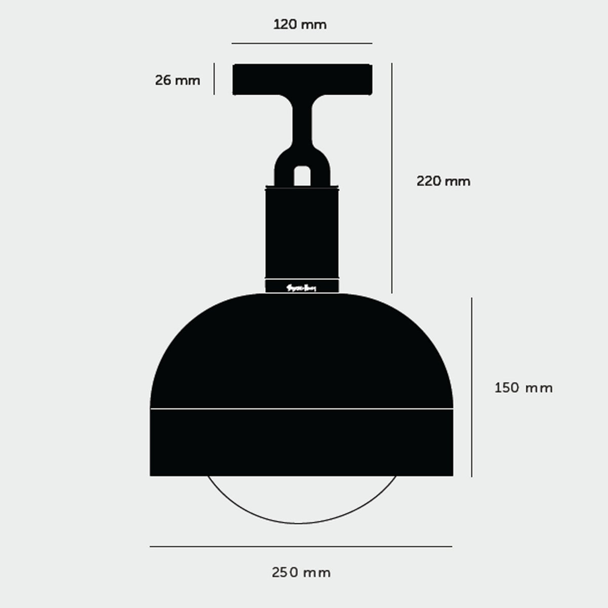 Technical drawing of a black pendant light with dimensions: 220mm height, 250mm diameter. 120mm ceiling mount.