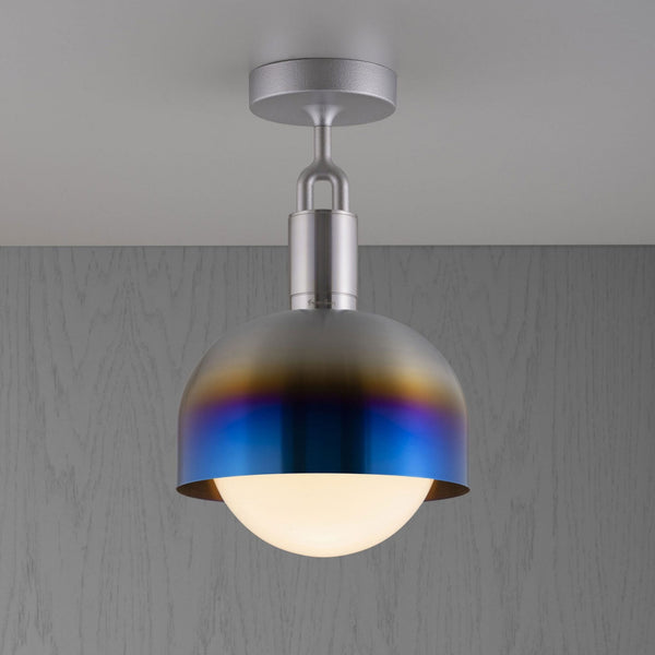 Forked Shade Ceiling Light in a Burnt Steel Finish with Medium Opal Globe