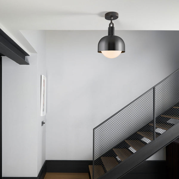 Forked Shade Ceiling Light in a Gun Metal Finish with Medium Opal Globe