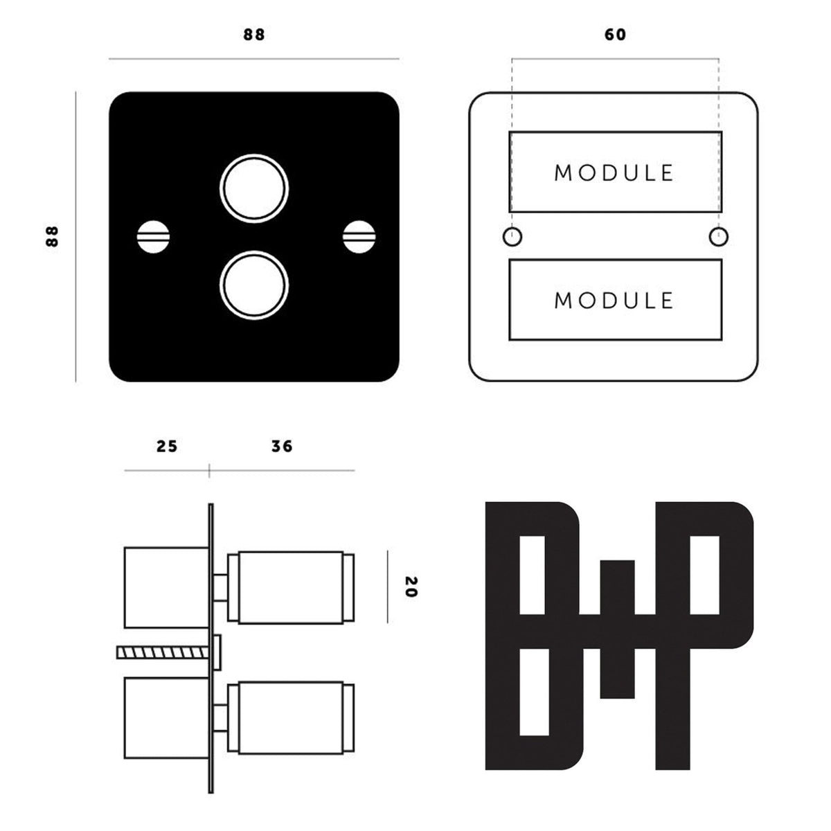 Technical drawings display the dimensions of a square two-gang dimmer switch and the B+P logo.