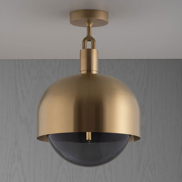 Forked Shade Ceiling Light in a Brass Finish with Large Smoked Globe