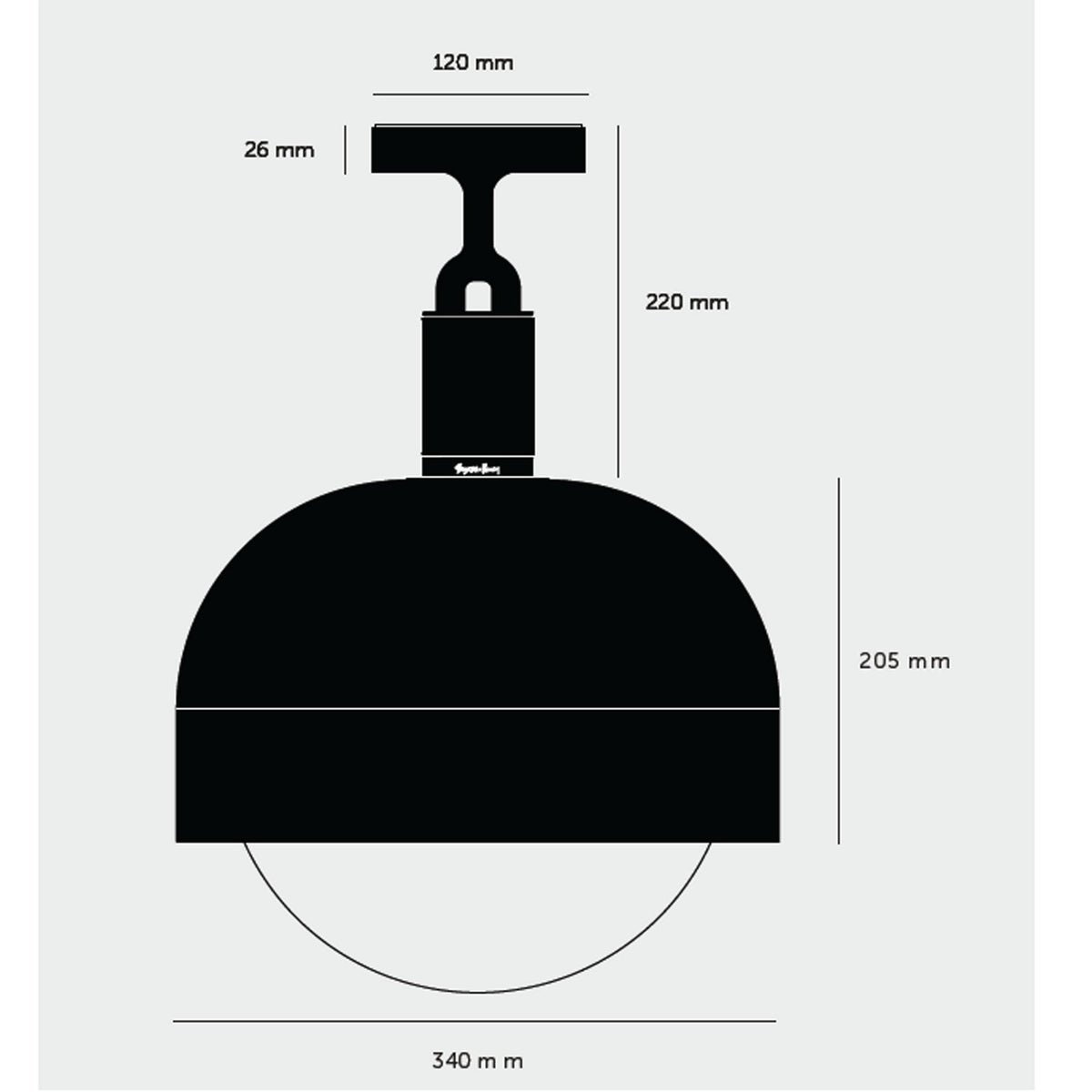 Technical drawing of a black ceiling lamp with dimensions. It has a dome-shaped shade and a cylindrical base.