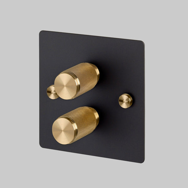 Two Gang 2-Way Dimmer Light Switch in Black & Brass with Knurled Knobs