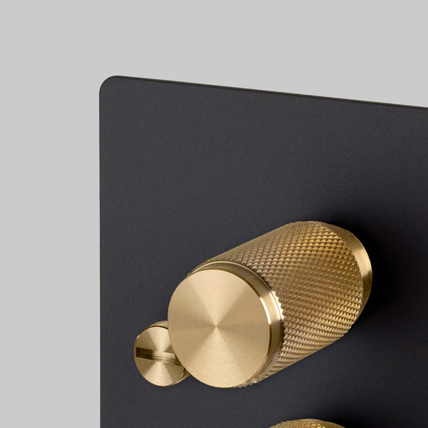 Two Gang 2-Way Dimmer Light Switch in Black & Brass with Knurled Knobs
